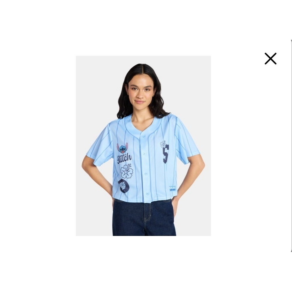 Disney Stitch Lilo & Stitch Blue Pinstripe Button-Front Jersey Shirt Size XS